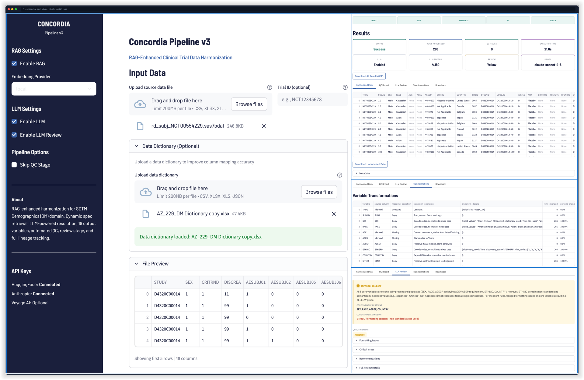 Concordia Pipeline v3 prototype interface showing RAG-enhanced clinical trial data harmonization